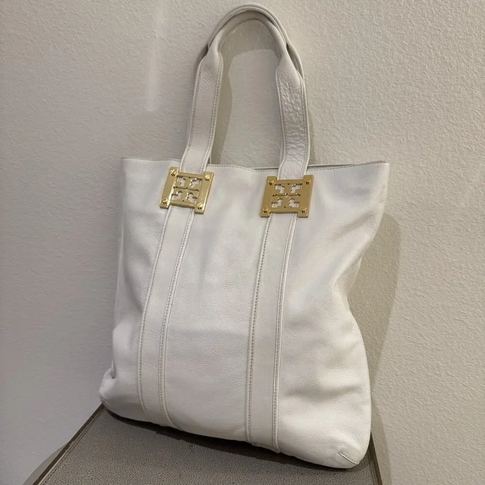 Tory Burch Gareth White Pebbled Leather Bucket Shoulder Tote Bag Gold Hardware